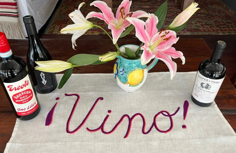 Hand Embroidered Vino! Linen Tea Towel